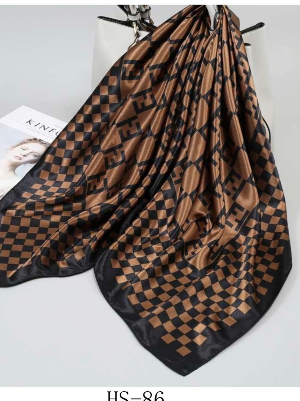 Checker & Monogram Satin Scarf in Brown and Black